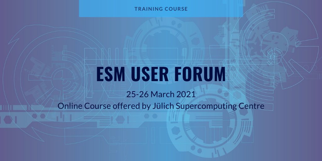 On the 25 and 26 of March 2021 <a href="/fz_juelich/">Forschungszentrum Jülich | @fzj@social.fz-juelich</a> is holding the #ESM User Forum online #TrainingCourse. The event will include presentations, feedback sessions and a hands-on session 🖥️ you can find more info on agenda and how to register on our website: esm-project.net/news/news/deta…