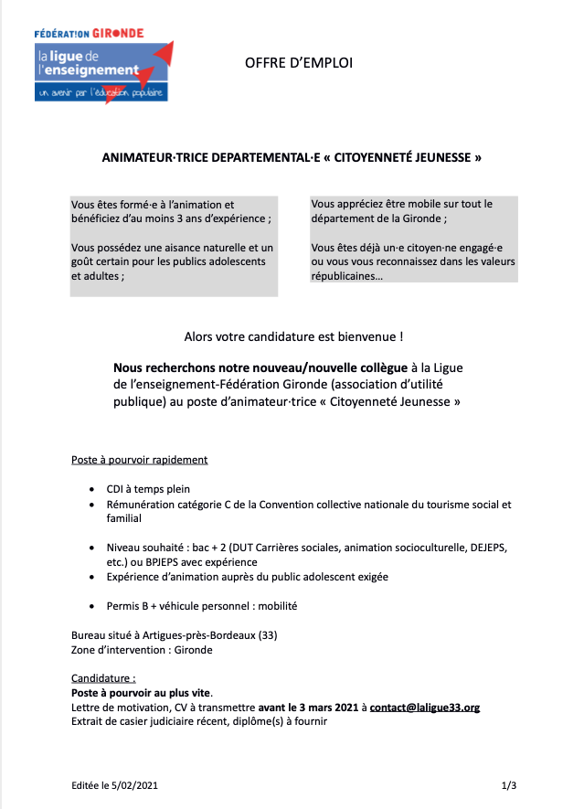 LaLigue33's tweet photo. #RECRUTEMENT - Notre fédération est à la recherche d'une nouvelle ou d'une nouveau collaborateur.trice ! #éducation #citoyenneté Envie de rejoindre une équipe fabuleuse ? https://t.co/k9pmr0oWq7