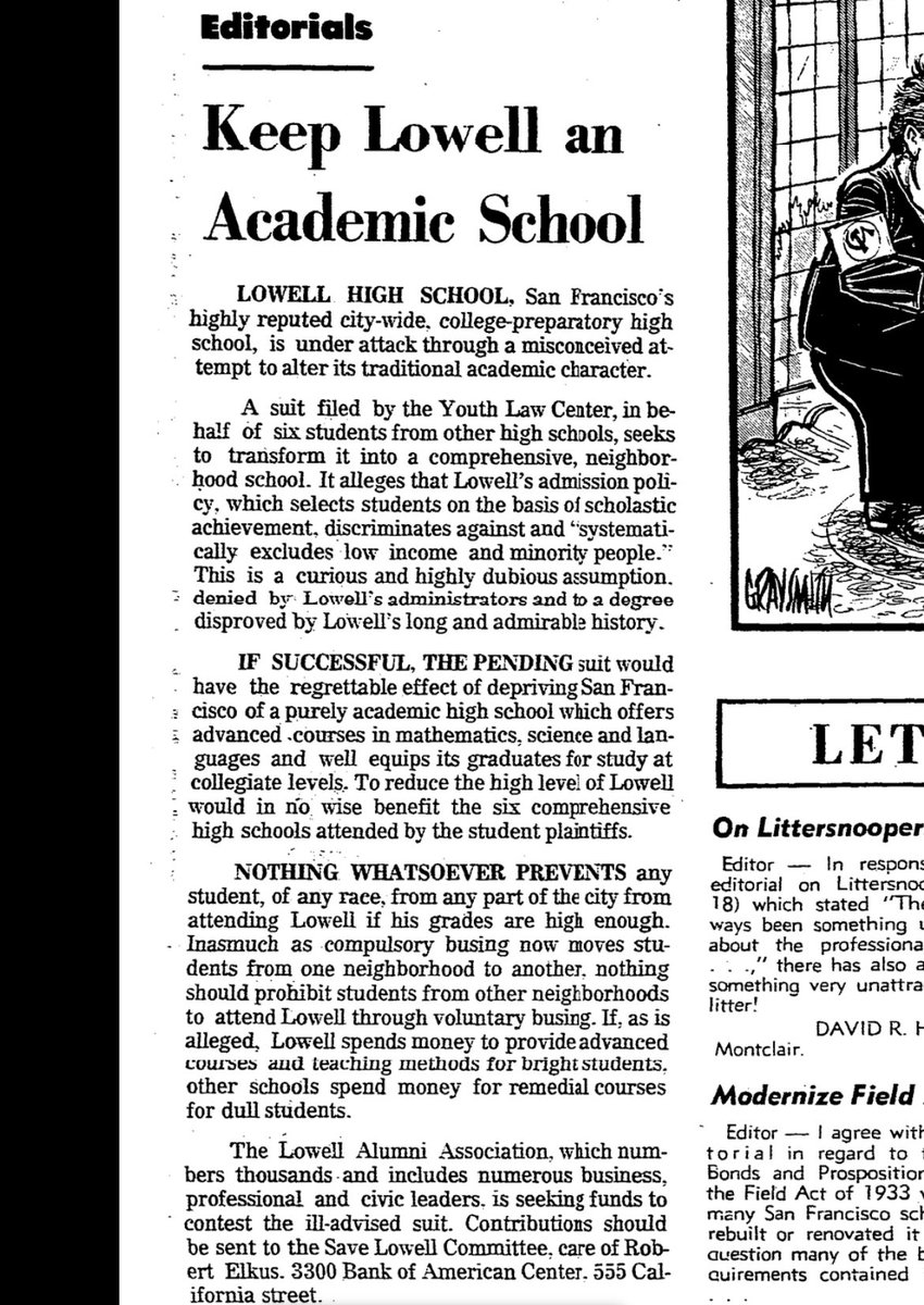 the chronicle opposed the 1971 lawsuit, saying “nothing whatsoever prevents any student” from attending Lowell if “his grades are high enough” and that if Lowell spends on “advanced courses for bright students,” other schools spend money on “remedial courses for dull students.”