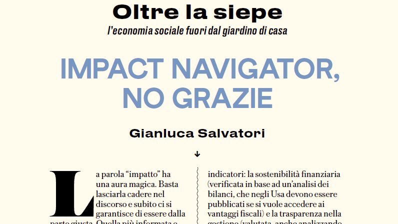 La parola "impatto" ha un'aura magica. Negli #USA #CharityNavigator è la principale guida per chi si impegna in filantropia. Ma non è tutto così semplice. Il nostro segretario <a href="/gsalvatori/">gianluca salvatori</a> su <a href="/VITAnonprofit/">VITA.it</a> chiede di affrontare il tema #impattosociale con meno enfasi e più rigore