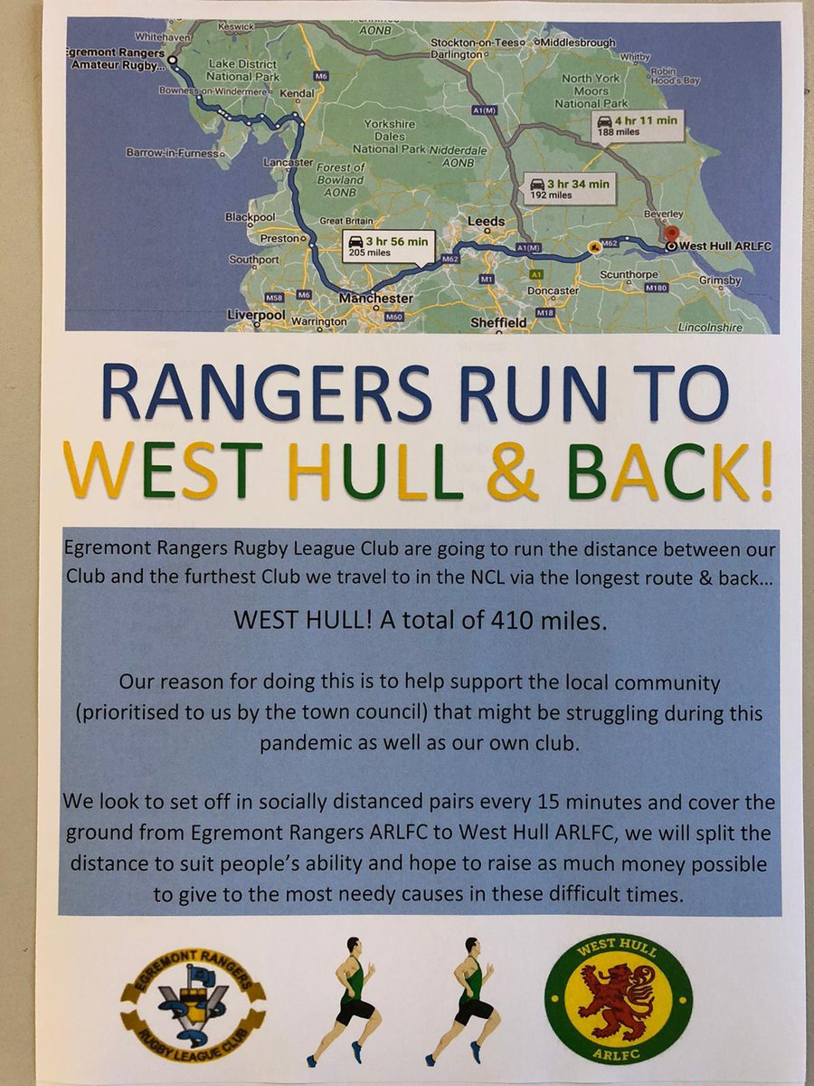 RANGERS RUN TO <a href="/WestHullARLFC/">West Hull ARLFC</a> &amp; BACK

410 Miles of running all to raise money for local community causes during this testing time for us all. 

We hope you can dig deep and support us as we look to raise as much money as possible. 

#TheTeamForMe #UpTheMont 🔵⚪