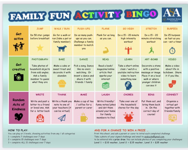 AmershamSchASA (@amershamschasa) on Twitter photo Bingo time! Banish the <a href="/AmershamSchool_/">AmershamSchool</a> half term blues by taking part in our Family Fun Activity Bingo! From making tea to doing burpees, there’s something for everyone AND there are #prizes to be had! Full details on the flyer 🥳 🥇🏆 Bingo time! Banish the <a href="/AmershamSchool_/">AmershamSchool</a> half term blues by taking part in our Family Fun Activity Bingo! From making tea to doing burpees, there’s something for everyone AND there are #prizes to be had! Full details on the flyer 🥳 🥇🏆