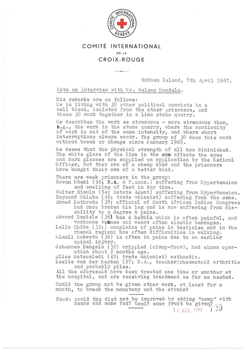 Mandela“in those early years the  @ICRC was the only organization that both listened to our complaints & responded to them. This was vital, because the authorities ignored us.” 1967  @ICRC Report. Note how Madiba fought for his comrades & said: I personally have no complaints