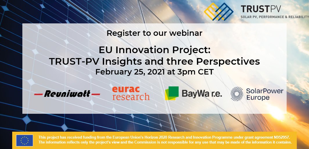 Join our discussion with @SolarPowerEU, @EURACrenewables and BayWa r.e. Italy #bayware to learn more about #TRUSTPV - the #H2020 #innovation project aimed to increase performance and reliability of #solarpv.

Register now: us02web.zoom.us/webinar/regist…