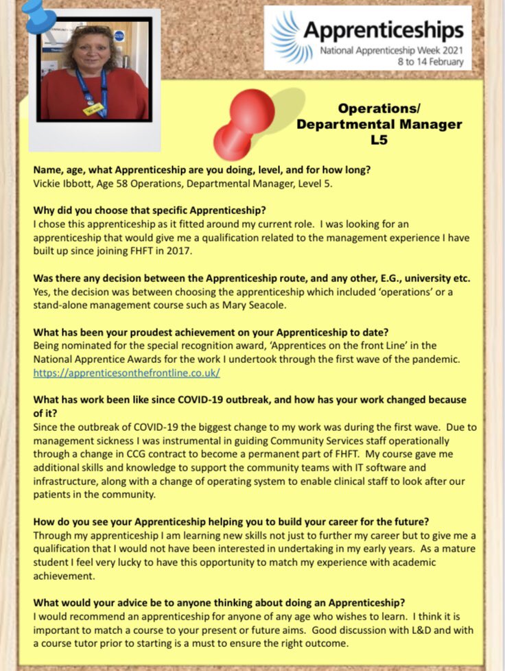 Frimley Health Learning and OD ๐ (@fhft_learningod) on Twitter photo Today we are celebrating Vickie Ibbott on day 4 of National Apprenticeship Week! Vickie is working towards her Operations/Departmental Manager Level 5 Apprenticeship! <a href="/ClaireQuinn/">Claire Quinn</a> <a href="/NeilDardisFHFT/">Neil</a> <a href="/Apprenticeships/">Apprenticeships</a> #amazingapprentices #NAW2021 #buildthefuture Today we are celebrating Vickie Ibbott on day 4 of National Apprenticeship Week! Vickie is working towards her Operations/Departmental Manager Level 5 Apprenticeship! <a href="/ClaireQuinn/">Claire Quinn</a> <a href="/NeilDardisFHFT/">Neil</a> <a href="/Apprenticeships/">Apprenticeships</a> #amazingapprentices #NAW2021 #buildthefuture