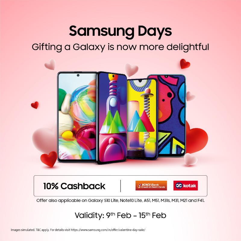 SamsungIndia's tweet photo. This Valentine’s Day, express your love with a Galaxy. Choose from an amazing range of Galaxy smartphones and get 10% cashback on every purchase. https://t.co/C0RlXZwY10
#SamsungDays