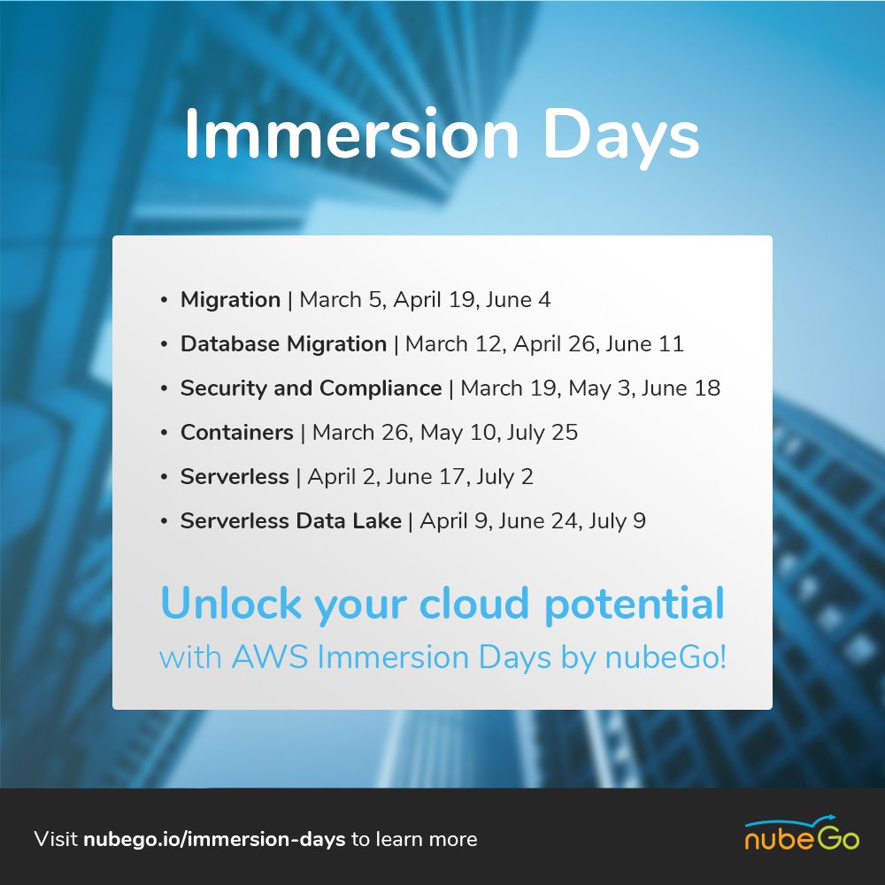 Learn from experts and unlock your AWS potential with nubeGo! 

 Visit our website to have a detailed look at the workshop topics and dates in 2021: nubego.io/immersion-days 

#aws #immersiondays #containers #migration #security #serverless #databasemigration #serverlessdatalake