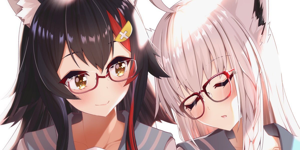 ookami mio ,shirakami fubuki multiple girls 2girls animal ears glasses white hair fox ears black hair  illustration images