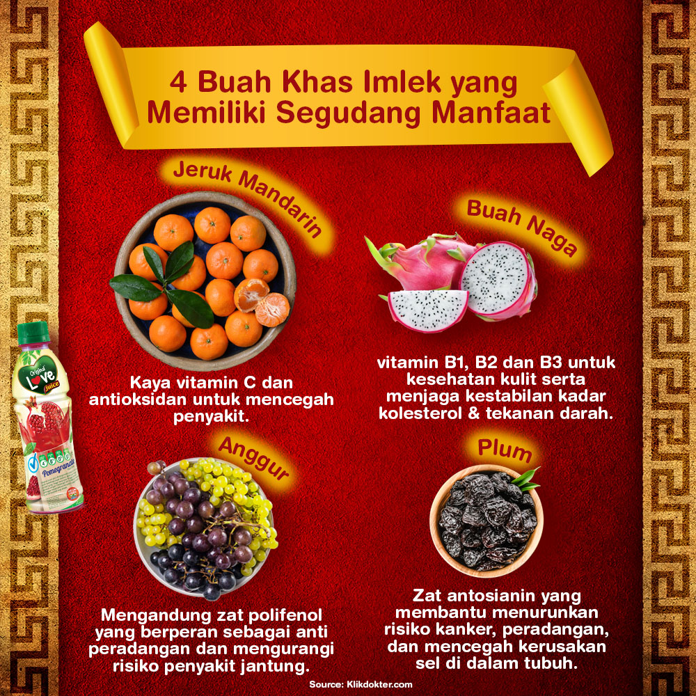 Oia, ngomong-ngomong soal imlek, selain identik dgn angpao, warna merah &amp; makanan, imlek jg ngga lengkap tanpa adanya buah khas yg disajikan di hari imlek ini. Faktanya, buah2an ini punya manfaat sehat yg ngga bisa diremehkan. Klo buah favorit kamu yg mana?
_
#LoveJuice #Imlek