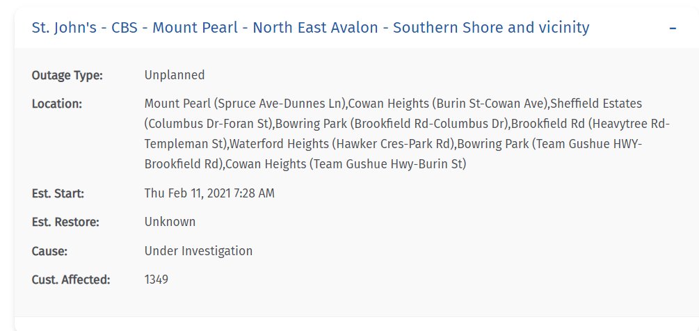 CBCNL's tweet photo. About 1,300 NF Power customers in parts of the metro region are without power right now, with the cause of the outage and its restoration time unknown. https://t.co/GsU6i15EfE