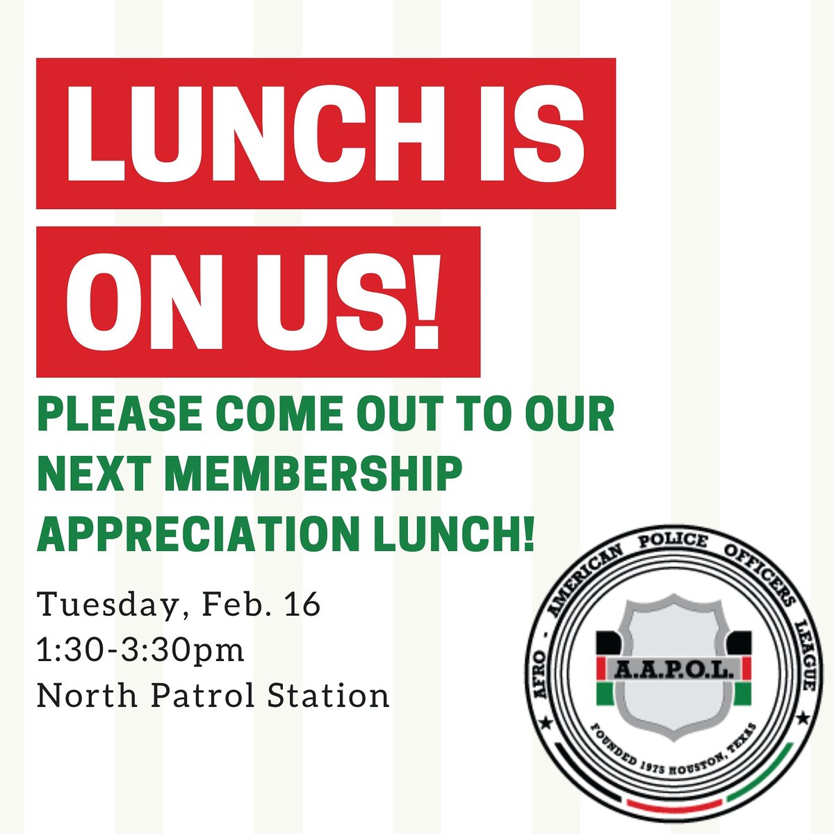 AapolH's tweet photo. 🚨Coming to a Station Near You!🚨
🍽🍽🍽🍽🍽🍽🍽🍽🍽🍽🍽🍽🍽🍽🍽
TUESDAY, February 16th 2021
⏰ 1330 / 1530 HRS
📍NORTH PATROL STATION
9455 W Montgomery Rd, Houston, TX 77088
If you're interested in purchasing some #merch please stop by!
#free99 #aapol #lunch #lunchtime https://t.co/mlqcCnx7uq