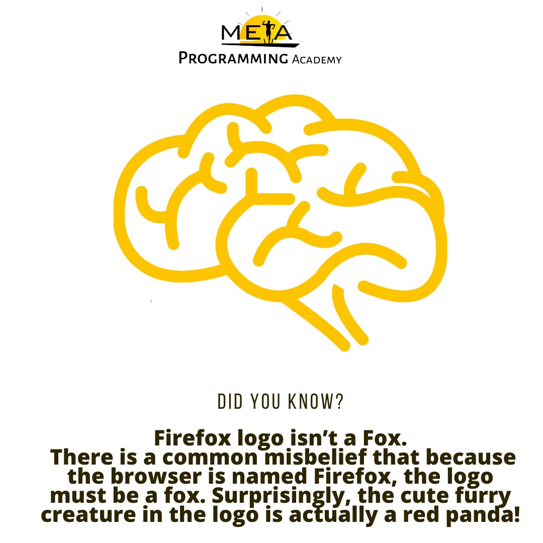 MetaProgAcademy's tweet image. Did you ever think the logo on fire fox is a fox? 😂 We made that mistake!
Now we know it’s a red panda!
#Metaprogramming
#MPAcademy
#MetaprogrammingAcademy
#Alternativeeducation
#PythonLearning
#Memorization
#MindMapping
#PythonProgrammingLanguage
#Pythonlearning