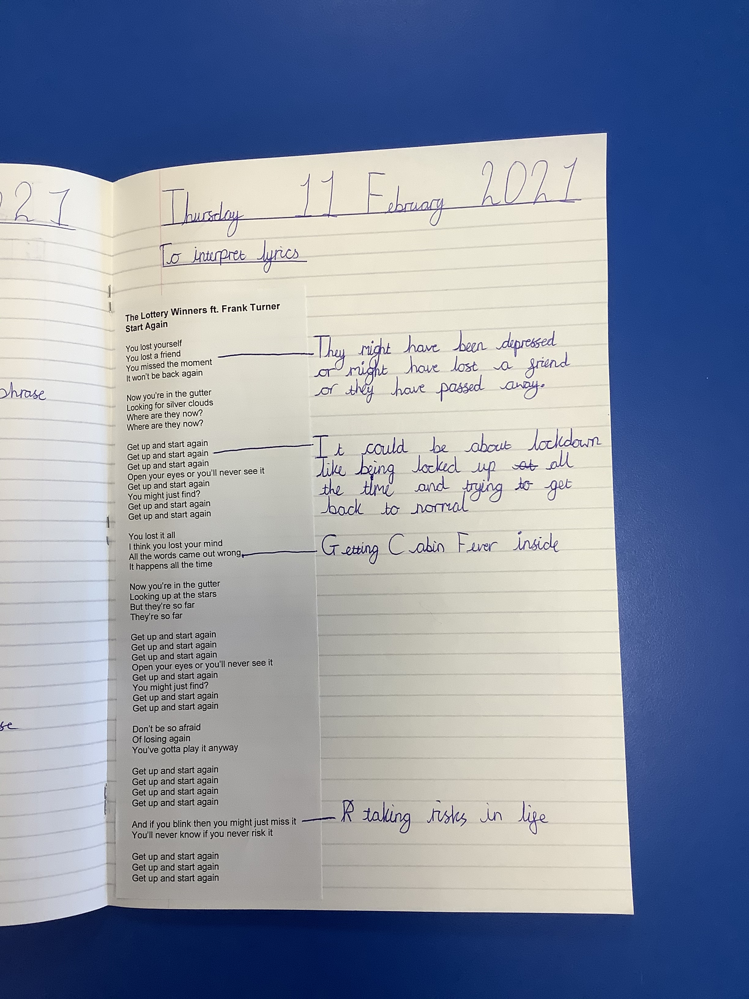 Royton Hall Primary Year 6 Studied The Lyrics From The New Lotterywinners And Frankturner Song Start Again This Morning In Their Guided Reading Session We Talked About The Possible Meaning