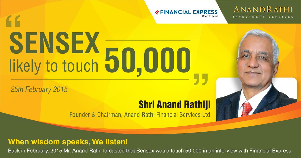 In 2015 in an Interview with Financial Express, Mr. Anand Rathi forecasted that #Sensex could touch 50k in few years. Difficult as it sounded then, today the Sensex is at 50k and moving strong. That is the #PowerofKnowledge. 

To read that article click: bit.ly/3qa3QaQ