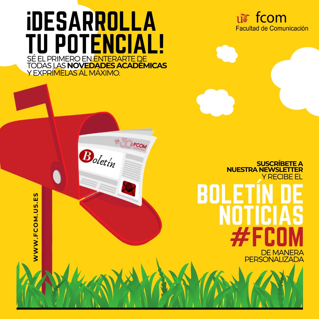 FCom_US's tweet photo. 🔴¡Desarrolla tu potencial!
Nueva campaña #FComContigo creada por la #FCom
@unisevilla para que sus alumnos se suscriban al Boletín de Noticias #FCom y estén informados de cuestiones de su interés.
@DelegacionFcom
Suscríbete: https://t.co/LwNaHaCzUN
👉https://t.co/9DiEkCUCz0 https://t.co/n4XjFJe35F