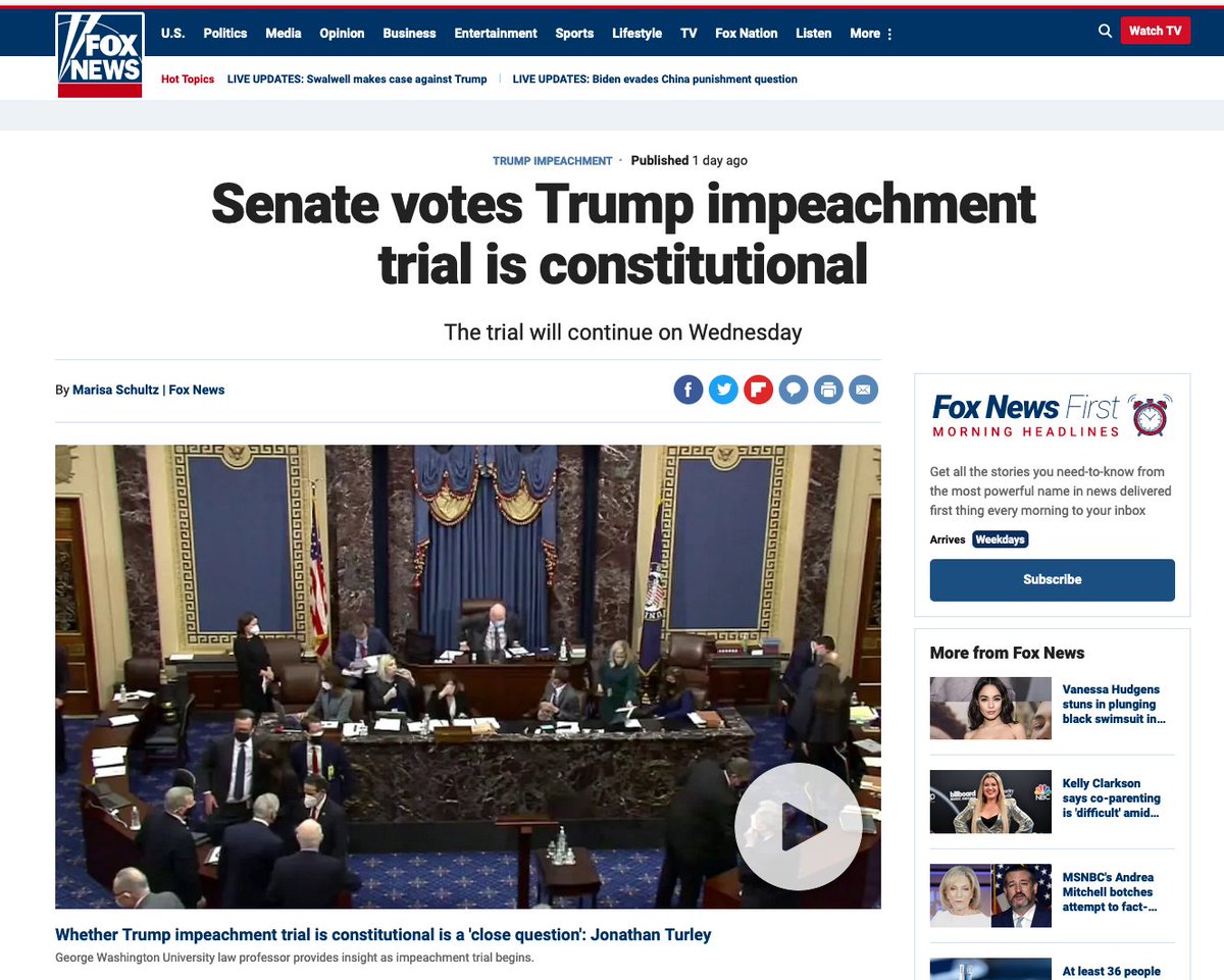 This is an actual  @FoxFriendsFirst graphic. It is not Photoshopped. The crack  @FoxNews Graphics Team cannot spell "IS." 'Trump Team Says Trial IN [sic] Unconstitutional'The U.S. Senate ruled on Tuesday that the trial IS constitutional, 56-44.