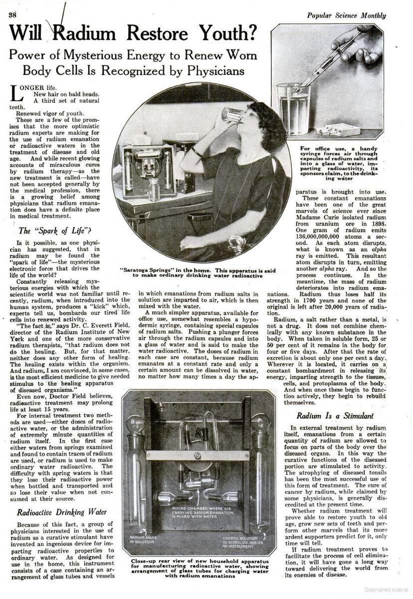 Radium and radioactivity quickly became the main 'miracle' ingredient in quack medicine, with extravagent claims made for its health-restoring and energetic properties. In the 1920s it was marketed as a 'scientific' panacea of wellness.