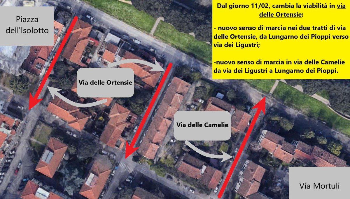 aperini97's tweet photo. A seguito dei lavori di riqualificazione di Piazza dell’#Isolotto cambia la viabilità: da oggi via delle Ortensie è percorribile solo in ingresso verso via dei Ligustri e via delle Camelie è percorribile solo in uscita verso Lungarno dei Pioppi! https://t.co/bh9wgU0i4p