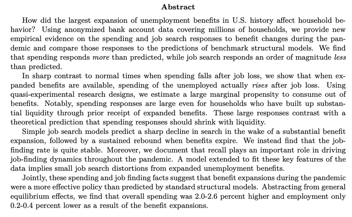“Spending and Job Search Impacts of Expanded Unemployment Benefits: Evidence from Administrative Micro Data”With  @FionaGreigDC  @maxliebeskind  @pascaljnoel  @Dan_M_Sullivan  @JoeVavra  https://bfi.uchicago.edu/working-paper/spending-and-job-search-impacts-of-expanded-ui/