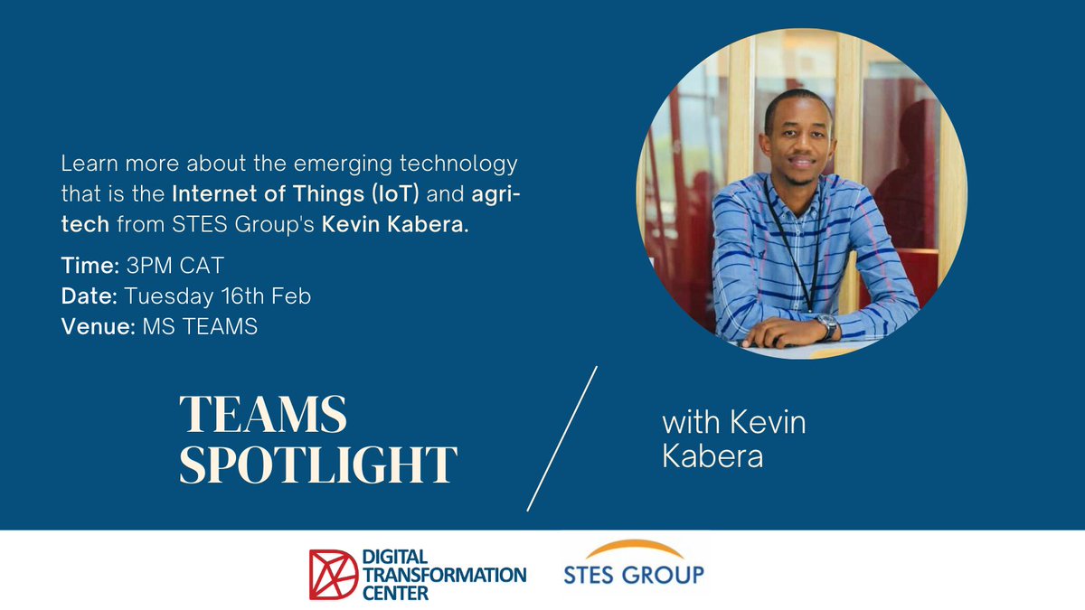 DigiCenterRW's tweet photo. Do you have any questions around #IoT &amp; possibly #agritech? Join us next Tuesday at 3PM CAT for our first ever 'Teams Spotlight' series as @kaberakevin1 from @stes_group, one of the teams we work with, breaks down IoT. 
Link to join: https://t.co/M0VxKVTYT9
#RwOT #digitalization https://t.co/5b1tp1oMNn