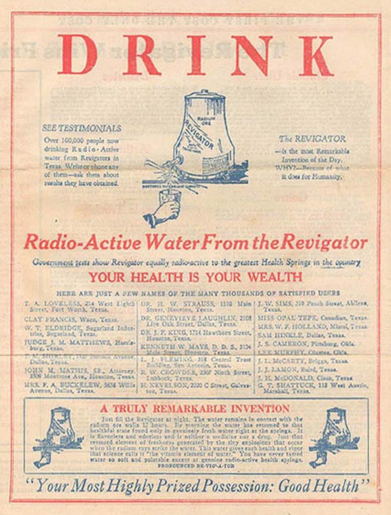 But the evidence against radium was mounting. In 1927 golfer Eben Byers was persuaded that radioactive water would help him recover from arm injury. He drank almost 1,400 bottles over three years before his jaw disintegrated. His death was attributed to 'radiation poisoning.'
