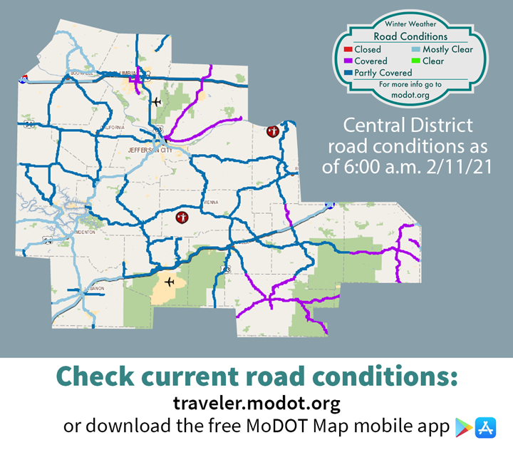 MoDOT_Central's tweet photo. ❄️WINTER WEATHER ROAD CONDITION UPDATE 2/11 6AM❄️

Heading into the morning commute there are still many covered/partly covered roads across the district &amp; slick spots are likely. Stay safe and...
✅Buckle up
✅Leave early
✅Take it slow
✅Adjust to the conditions

#BUPD #midmowx https://t.co/LvxxyDtgTk