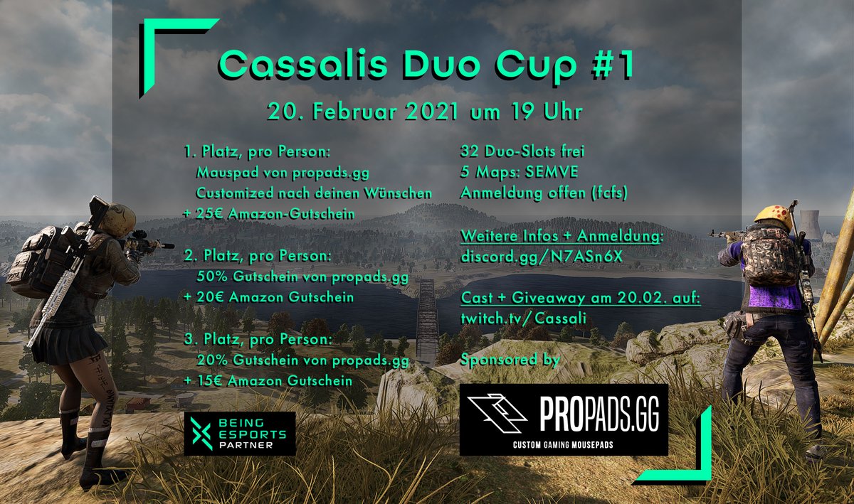 ⭐ Das Warten hat ein Ende⭐

Der Cassali Duo Cup #1 kommt am 20.02.2021 um 19 Uhr!

Ihr wollt dabei sein? Dann kommt auf meinen Discord für die Anmeldung: discord.com/invite/N7ASn6X

Großes Danke geht raus an <a href="/propads_gg/">propads.gg</a> 🥳

Wichtige Informationen könnt ihr der Grafik ⬇ entnehmen