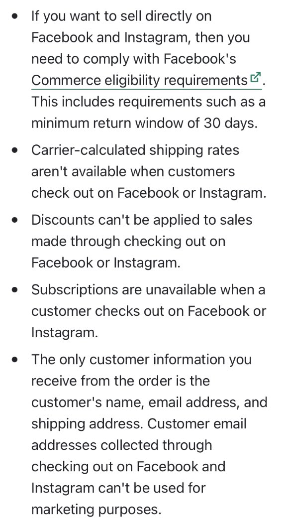 15) Other pros/cons of  $FB native checkout for merchants:Good: streamlined purchase flow, drive purchase intent through FB/Instagram tags/notifications, retargetingBad: No discounts/subscriptions, limited shipping options, various other FB limitations/requirements