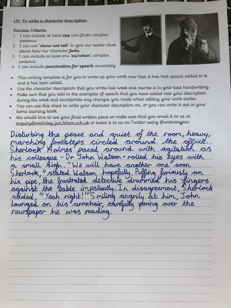 claspankhurst's tweet photo. @walmleyjssc Lily’s character description of Sherlock Holmes and Dr John Watson https://t.co/t628mZ5Hbk