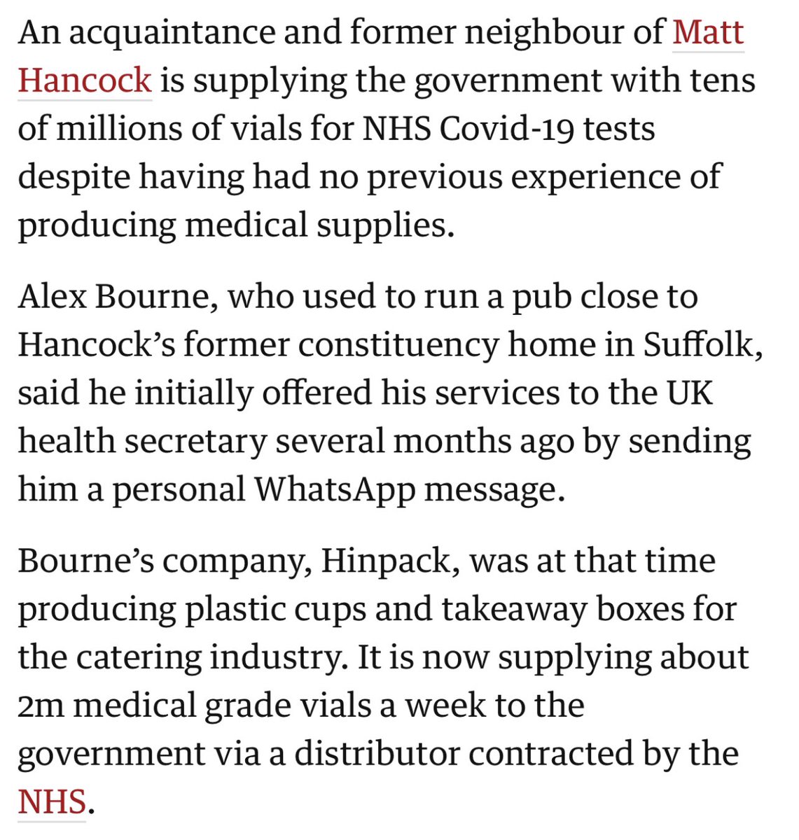 So is this an isolated case? Sadly, no. Here’s more from the guardian showing how more close acquaintances of Hancock won govt contracts through seemingly dubious circumstances. In this case, they made plastic cups as a speciality, yet they won a govt PPE contract...