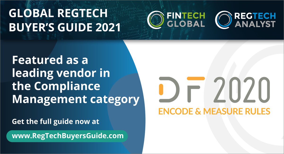 df2020thinking's tweet image. We are delighted to be included in @Fintech_Global #RegTechBuyersGuide. Df2020 has been selected as one of 45 leading solution providers in the industry. More information is available at RegTechBuyersGuide.com.