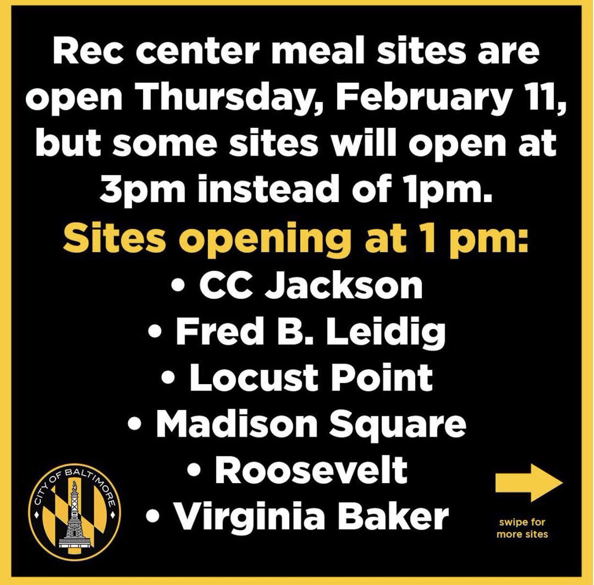 Family_League's tweet photo. All @BaltCitySchools meal sites are closed today, however, many @RecNParks meal sites will be OPEN at 1pm and 3pm today. https://t.co/PGqfPqkBqT