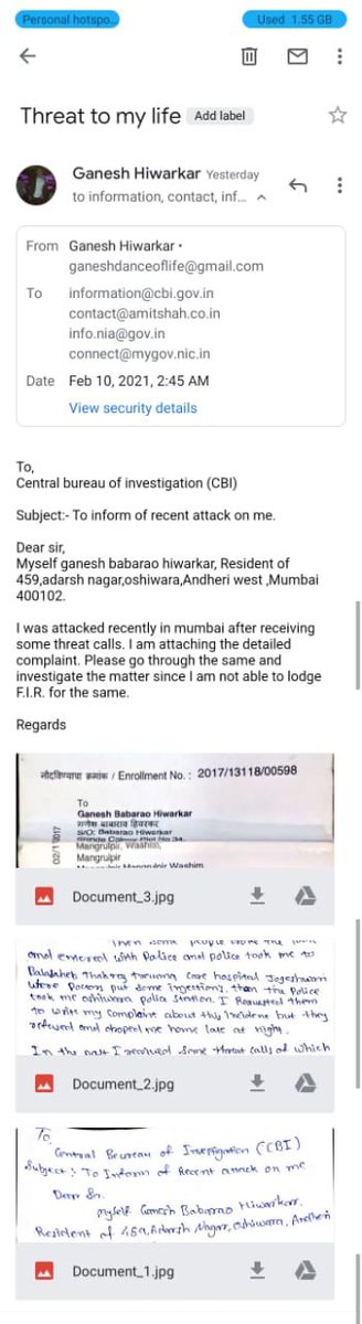 GHiwarkar's tweet photo. Dear Sir, I have emailed you the letter regarding the threat to my life. Kindly look into the matter
Regards
 @PMOIndia @HMOIndia @ips_nupurprasad https://t.co/fAmFtvwNEz