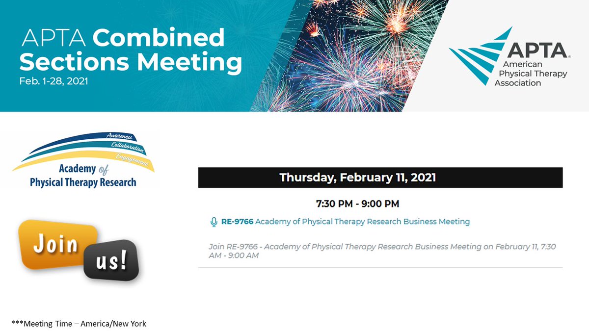 ResearchAPTA's tweet photo. Attn Academy Members:
Come join us for the #ResearchAPTA annual business meeting at 7:30pm EST (Thursday, February 11). Please log in through the #CSM2021 conference platform to join the meeting! 

#APTACSM @ECR_SIG @BiomechanicsSig @ProfCaraLewis @amysemingson https://t.co/lnh5KTB3fo