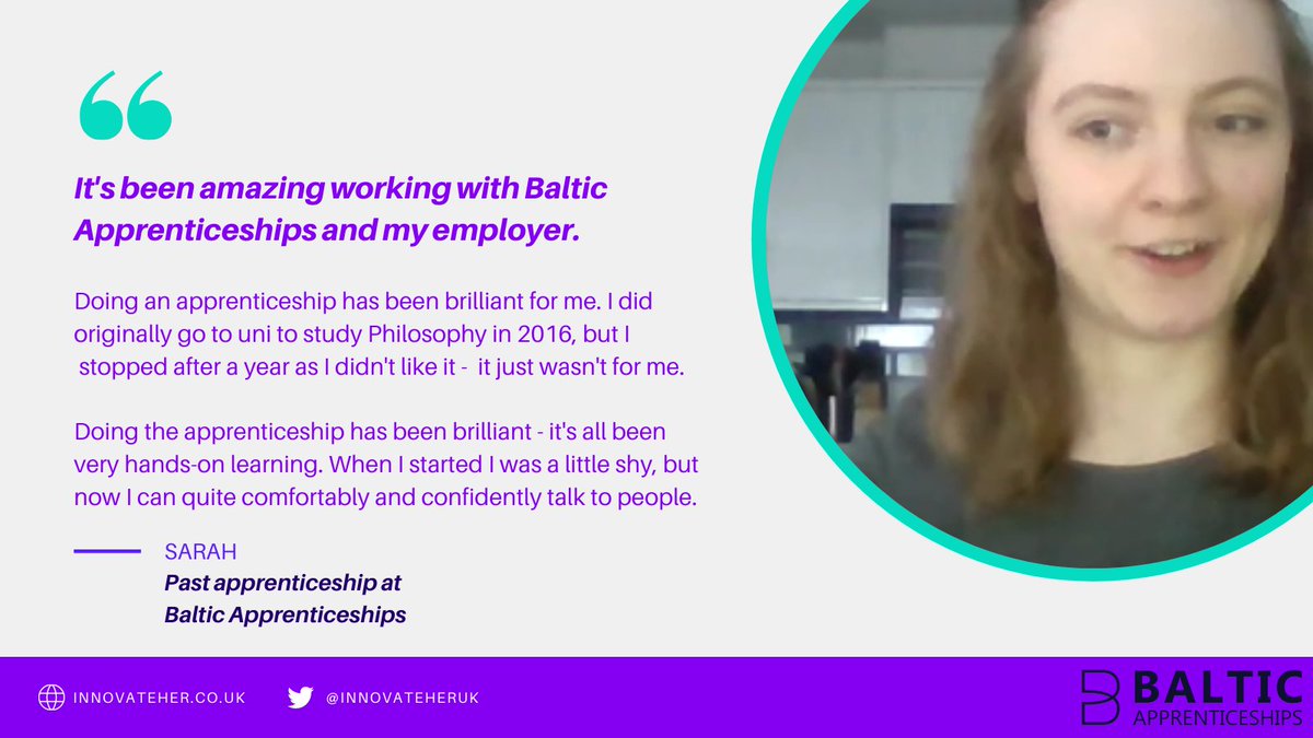 innovateheruk's tweet image. Here’s Sarah - we&apos;ve been excited to hear from her! 

An apprentice with @baltictraining herself, she is now a vital member of her workplace. She&apos;s an amazing example of the value that apprentices can bring to our workforce!


#NAW2021 #ChooseYourPath #CommunityLearningSeries