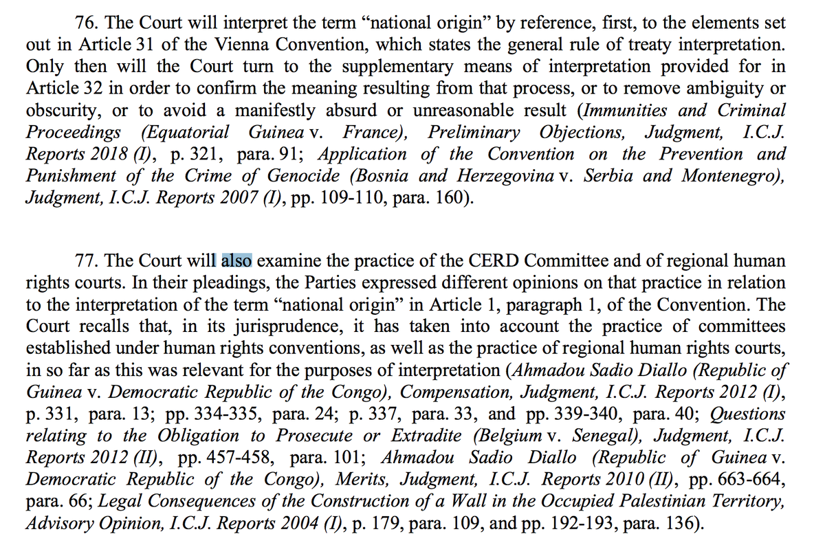 But Qatar v UAE less easily compatible with VCLT art 32 – [76] sets out in turn 31 and 32, and [77] kicks off with promise to ‘also examine’, which seems more consistent with these authorities NOT falling under VCLT 32 (cf. [77] beginning with ‘among other materials, …’.) 7/n