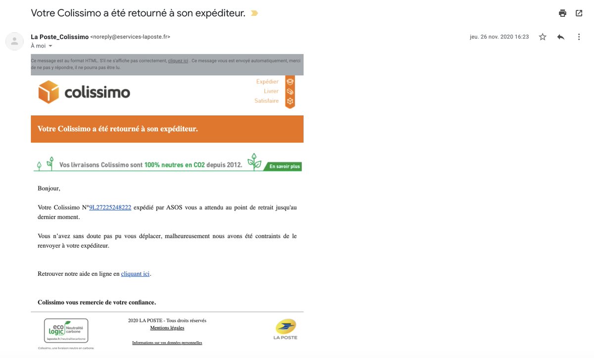 Jon_Mako's tweet photo. @ASOS_Servicecli j'ai commandé des chaussures que je n'ai jamais reçues. La poste m'a notifié que le colis avait été renvoyé à l'expéditeur (cf PJ). Je n'ai néanmoins toujours pas reçu de remboursement après 2 mois. Où est mon argent ? &amp; Où sont mes chaussures ? N° C : 549280157 https://t.co/SdDkCr2iC0