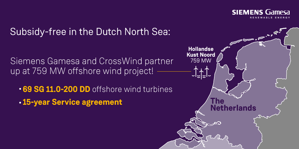 SiemensGamesa's tweet photo. Subsidy-free in the Dutch North Sea: contract signed for #HollandseKustNoord with #CrossWind! 69 SG 11.0-200 DD #offshorewind turbines &amp; 15-yr service agreement agreed upon by @siemensgamesa &amp; JV partners @Shell_Nederland and @Eneco!
#GreenRecovery
https://t.co/xKCtocjkc6 https://t.co/xIi8kntSjG