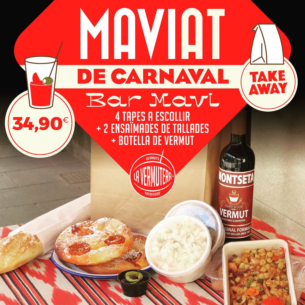 barmavi's tweet photo. Este año celebraremos nuestro tradicional #MaviCarnaval de una forma muy distinta.
Sábado 1️⃣3️⃣ y domingo 1️⃣4️⃣ #Maviat de #Carnaval: 4 tapas + 1 botella de vermut + 2 ensaïmades amb tallades - 3️⃣4️⃣,9️⃣0️⃣€
Pedidos por teléfono ☎ o WhatsApp 971 29 00 05
#BarMavi #Barmaviacavostra https://t.co/1P5n7sSeFI