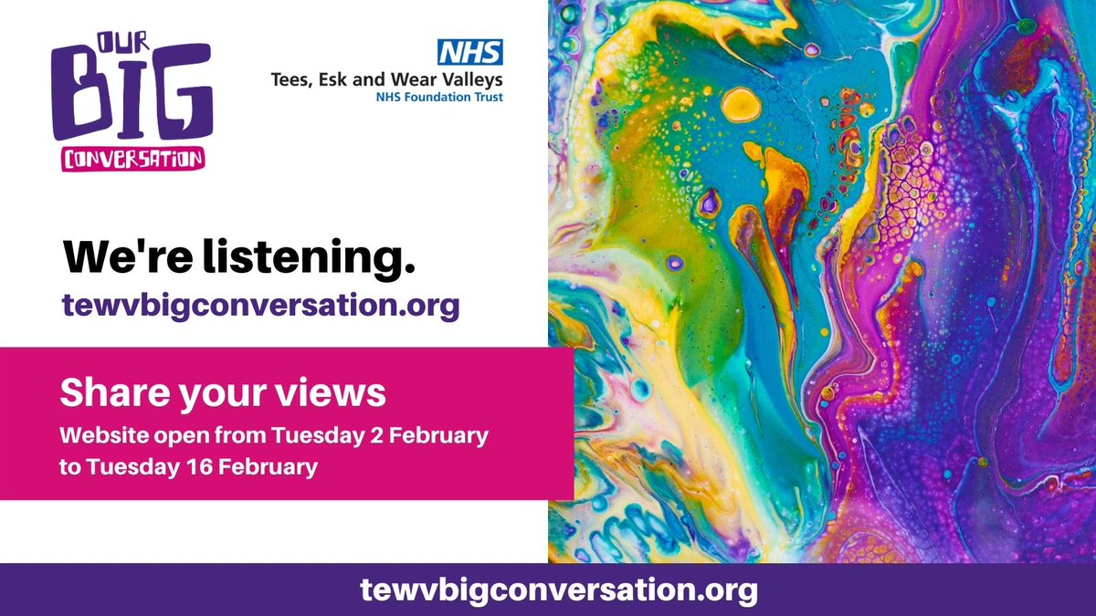 HWCountyDurham's tweet photo. Your views can shape local mental health and learning disability services 🗣️
@TEWV #OurBigConversation invites you to share your views. Open 2-16 February: https://t.co/TRHdHlLDJU 

#mentalhealth #LearningDisability #haveyoursay https://t.co/i7T0icne94