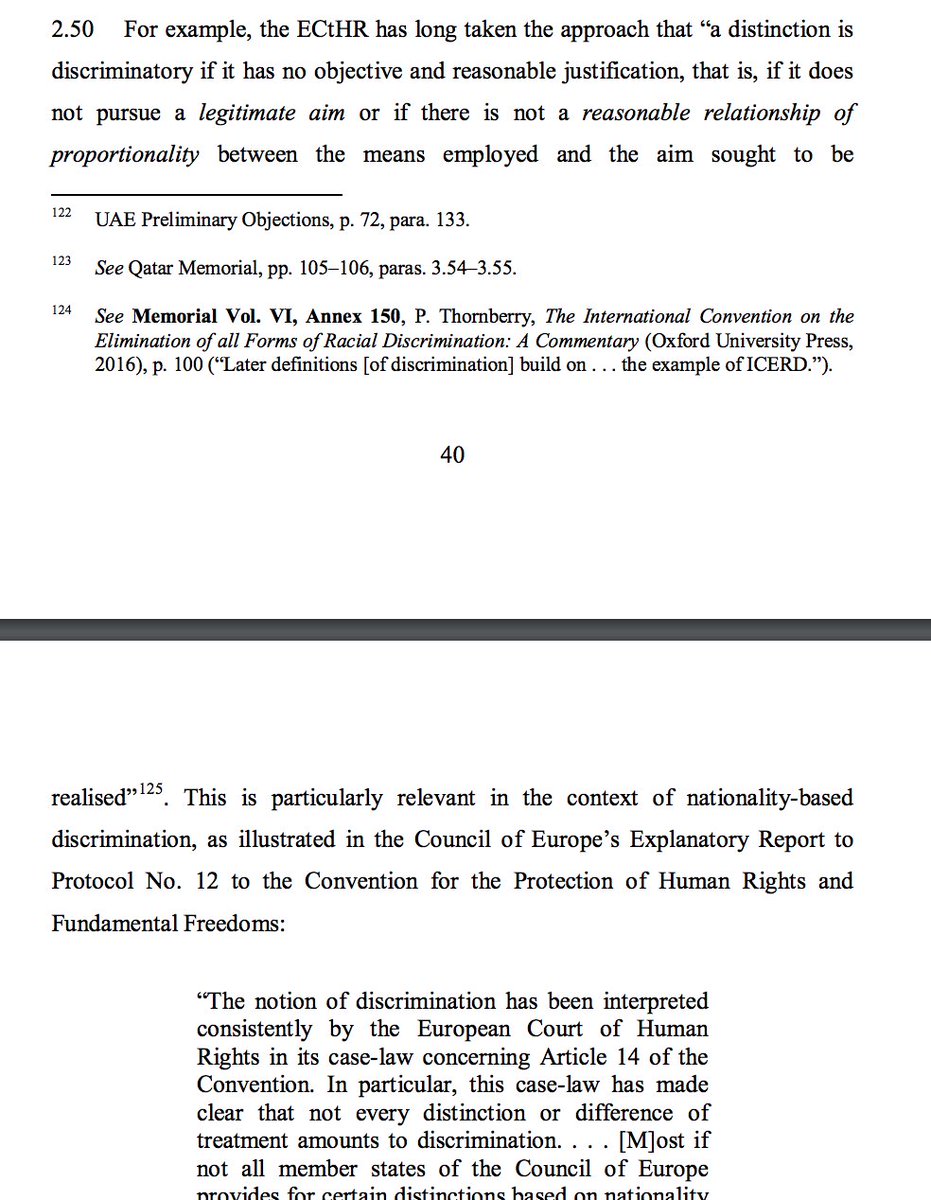 Do the pleadings get us further? In Qatar’s statement on preliminary objections, regional human rights cases were introduced as relating to ordinary meaning, context, and object and purpose, all VCLT art 31 (and indeed 31(1)) materials. 9/n