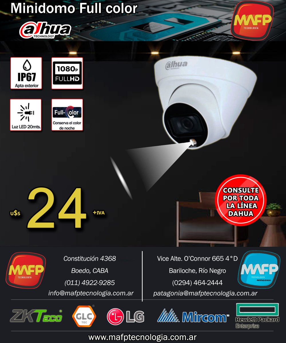 El blanco y negro quedó en el pasado, cámaras FULL COLOR Dahua
✅ Definición: 1080p 🎯
✅ Luz LED 20mts. Conserva el color de noche 🔦
✅ IP67 Apto exterior ☔

⚠️(solo venta al gremio) ⚠️

#dahua #fullcolor #1080p #IP67 #tecnologia #seguridadelectronica