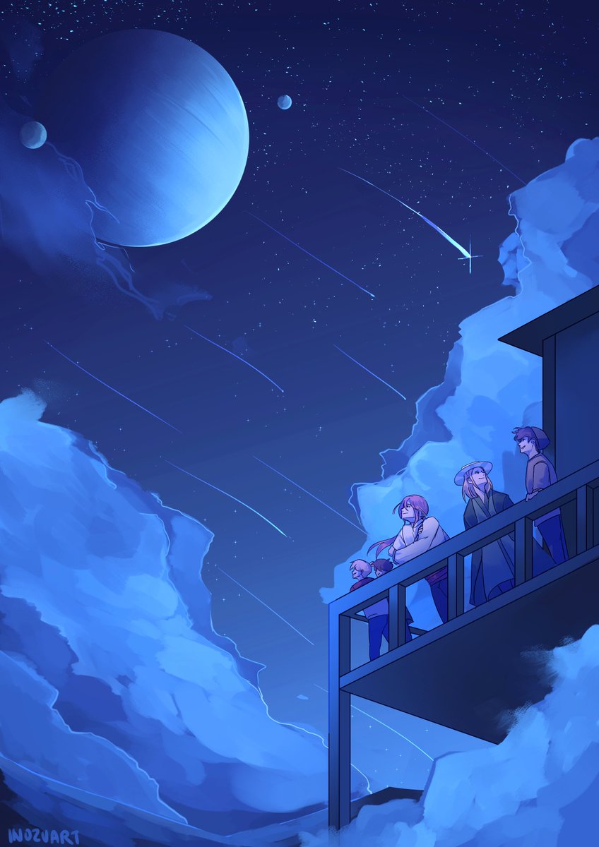 sky shooting star star (sky) night multiple boys moon starry sky  illustration images