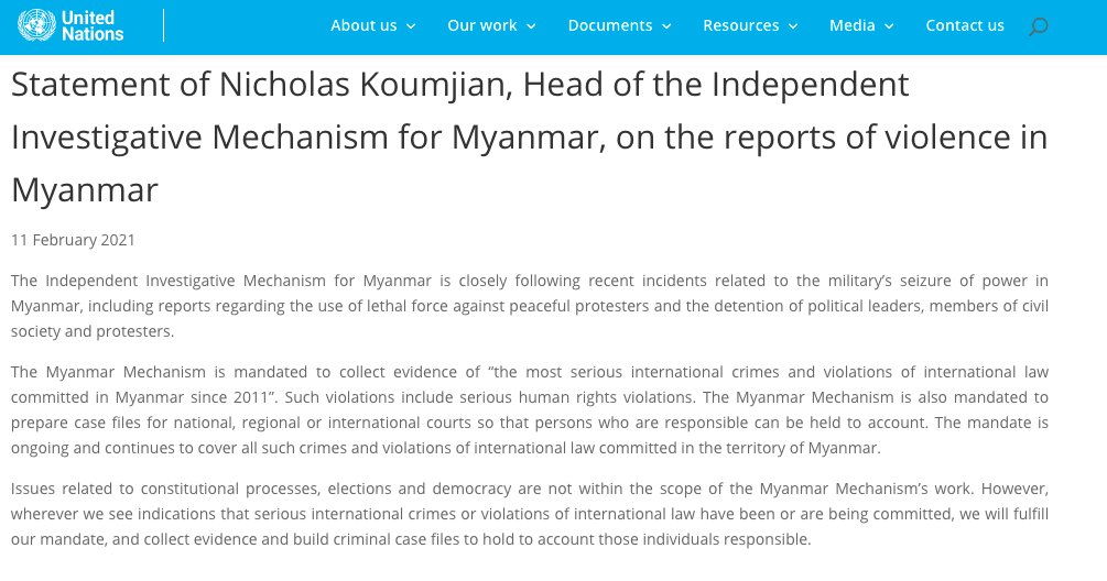 United Nations update: a promise to collect evidence and build criminal case files to hold to account those responsible for serious international crimes or violations of international law. This includes use of lethal force against peaceful protesters #HearTheVoiceOfMyanmar