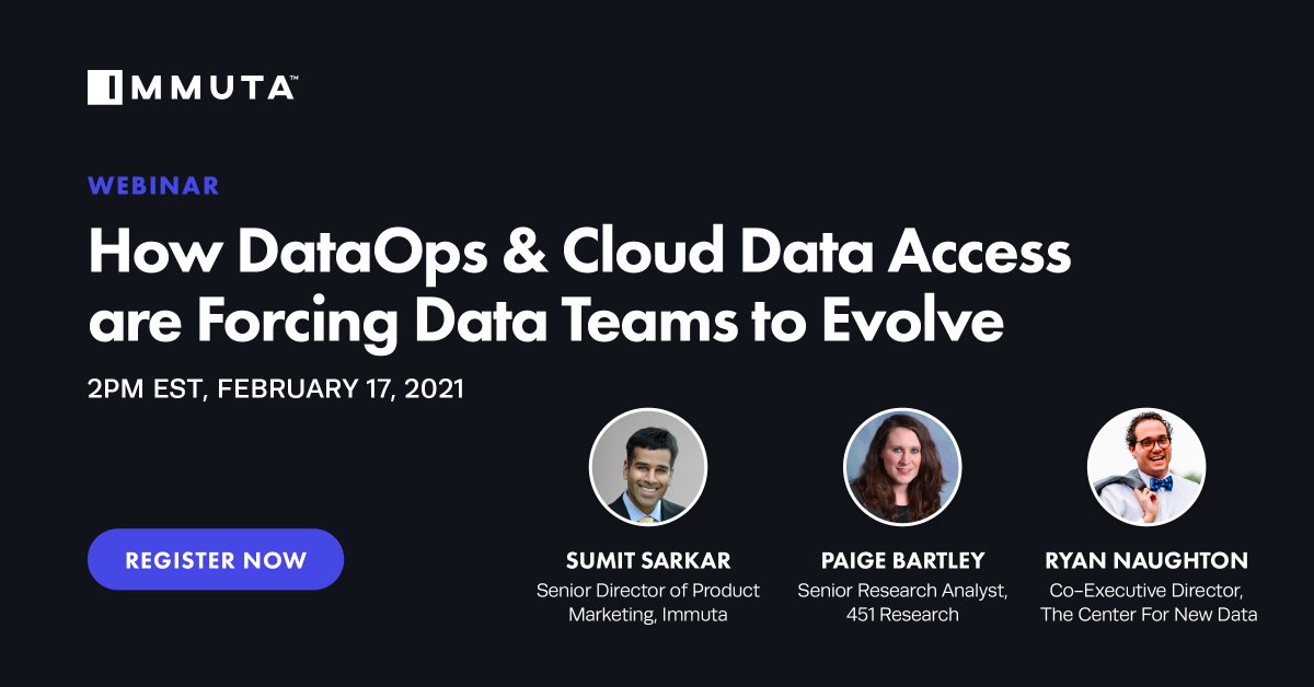 Tap into the expertise of @ImmutaData, <a href="/451Research/">451 Research</a>, &amp; <a href="/Center4NewData/">Center for New Data</a> 🧠

Join us on 2/17 to discuss best practices for managing risk &amp;  challenges of #dataananalytics across multiple #clouddataplatforms. 

Submit your questions in the comments &amp; we'll address them live 👇