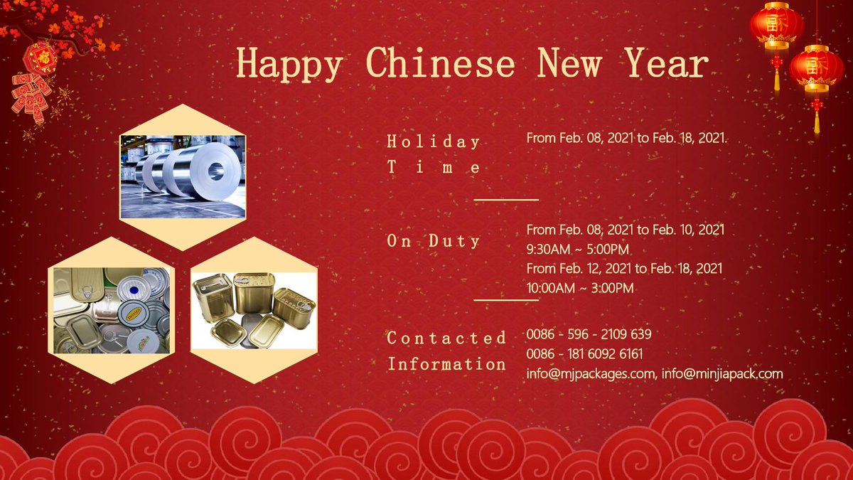 MetalJia's tweet photo. 恭贺新年 A Happy New Year to you.
生意兴隆 Business flourishes.
财源广进 Money and treasures will be plentiful.
#Metalpackaging #Metalfoodpackaging #tinplate #Canninglid #EOE #Tincan #Luncheonmeatcan #Cornbeefcan https://t.co/bzqYZvkdmK