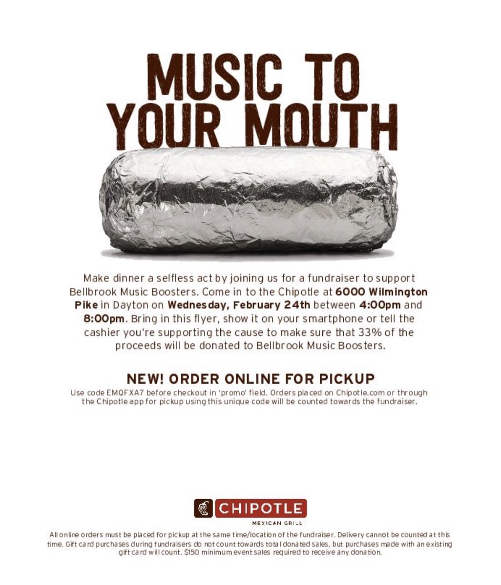 BellbrookBands's tweet photo. Mark your calendars - Chipotle done-out on Monday, February 24! https://t.co/kiDPGIj9mk