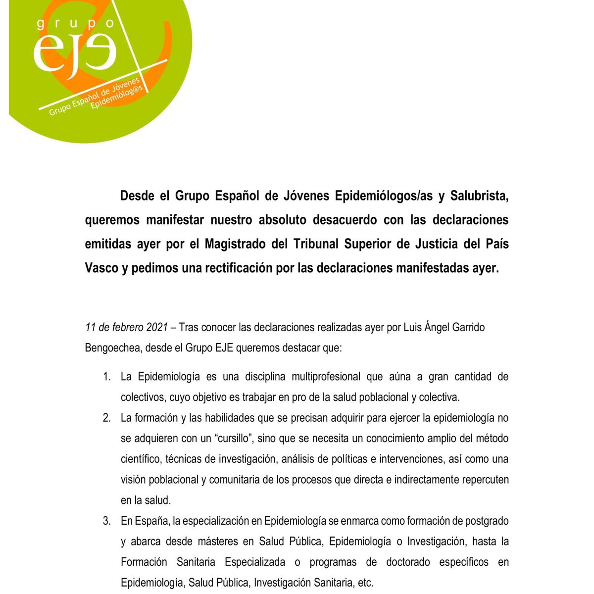 Grupo_EJE's tweet photo. Desde el @Grupo_EJE rechazamos las palabras del Juez Garrido y pedimos una rectificación. Es crucial que se nos respete y valore como ciencia y como profesionales. No podemos tolerar este tipo de palabras cuando la epidemiología ha demostrado día a día su valía. 

Comunicado⬇️⬇️ https://t.co/SJGcVMX2ov