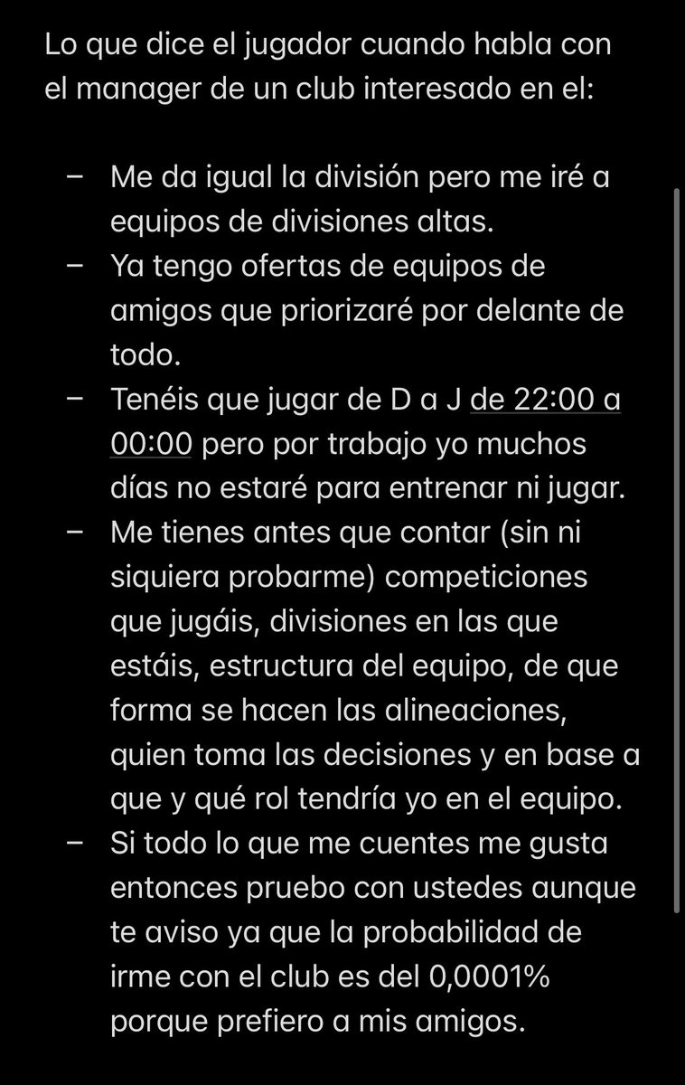 Y con esto tienen que lidiar muchos managers 👇🏻👇🏻👇🏻 Nos ha llegado esta conversación que hemos resumido para que no ocupe 30 fotos. A favor del jugador diremos que es sincero 🤣🤣🤣🤦🏻‍♂️🤦🏻‍♂️🤦🏻‍♂️