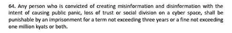 SamGregory's tweet photo. Key elements (via unofficial translation) of proposed #MyanmarCoup cyberlaw. Don't let them sustain the coup long enough to pass this. Dragnet #securitized #fakenews style law on #Misinfo #Disinfo with "intent of causing public panic, loss of trust or social division". 1/2 https://t.co/VSawhW8v3e